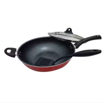 FM - Wajan Stir Wok Supra Tutup Kaca + Spatula 22 cm Penggorengan Set Serbaguna