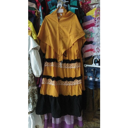 Gamis anak pakaian muslim perempuan 7 8 tahun satu set kerudung wolfis susun renda kuning kunyit bar