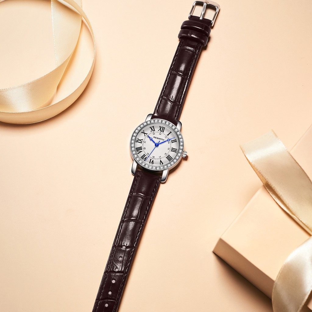 REBIRTH Jam Tangan Wanita Santai Olahraga Roman Dial Tali Kulit Tahan Air Kuarsa Jam Tangan Cewek-3