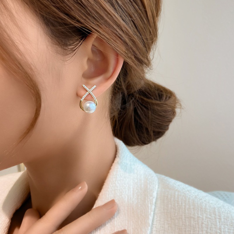 Anting Tusuk Motif Huruf X Hias Mutiara Imitasi Ala Perancis Untuk Wanita ACKER