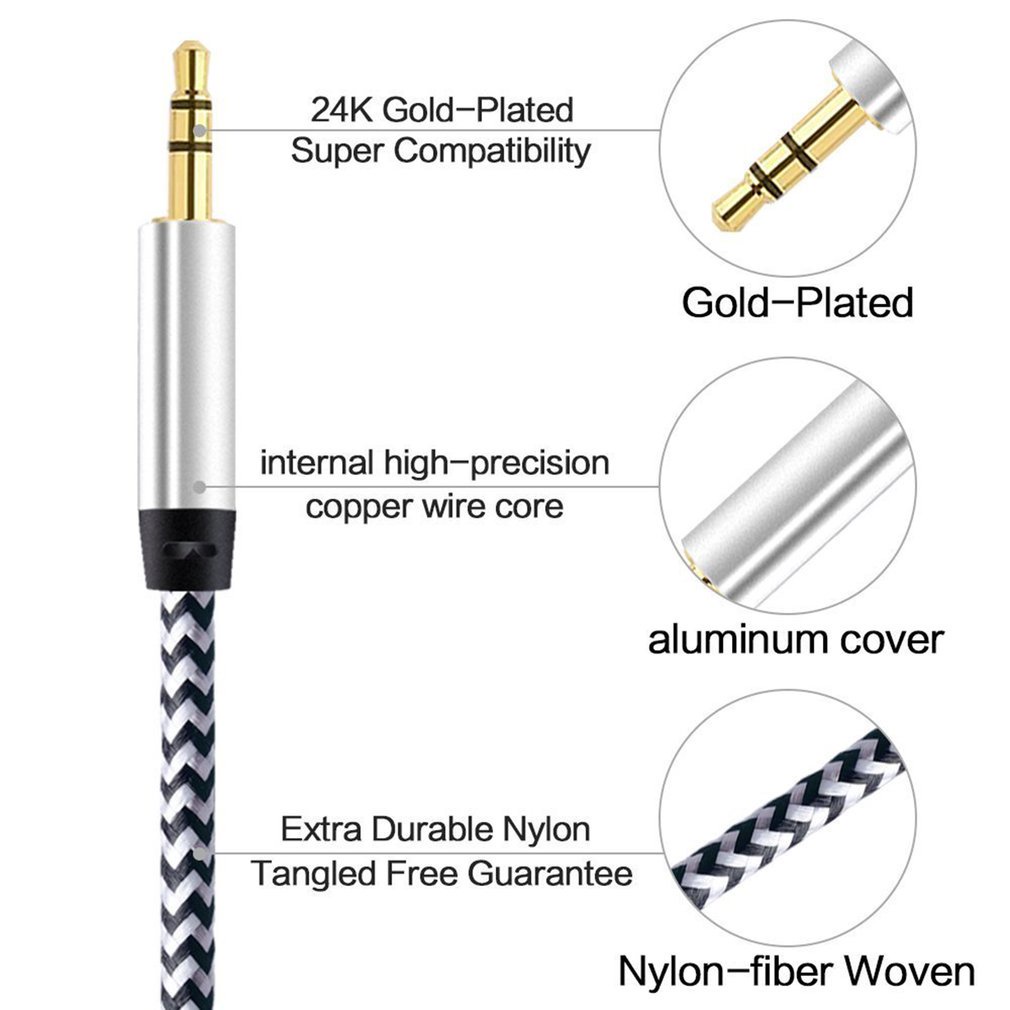 [Stock] 3.5MM Nylon Male-to-male-to-recording Braided Cable 1m Audio Auxiliary Cables Metal Shell Braided Audio Line