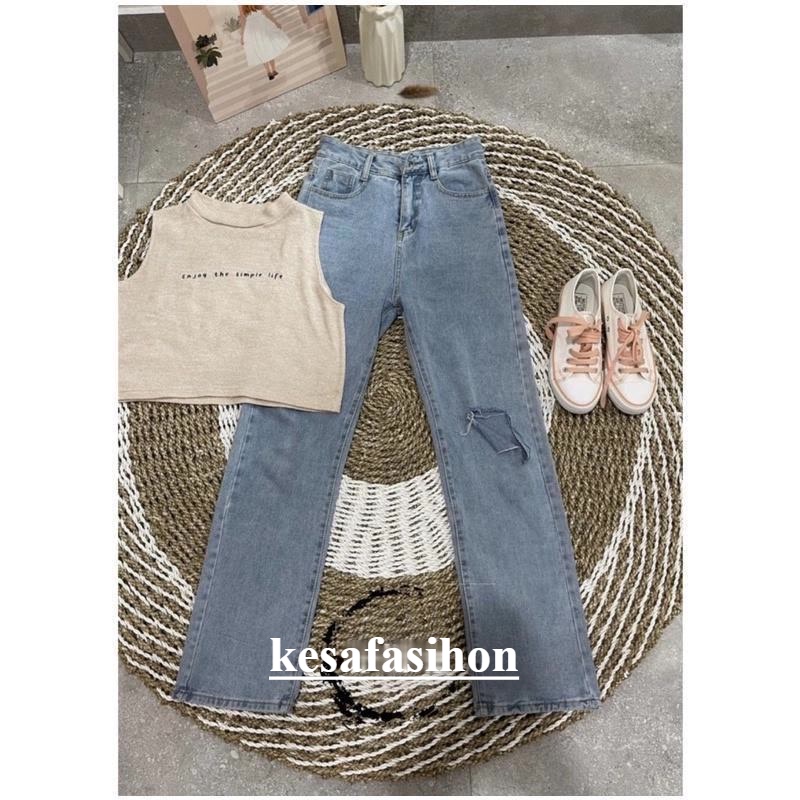 Highwaist Kulot Jeans Wanita Loose Ripped sobek Belle