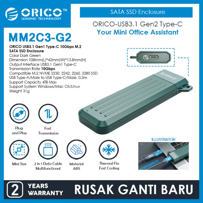 ORICO USB3.1 Gen2 Type-C 10Gbps M.2 NVMe SSD Enclosure - MM2C3-G2 - Hijau