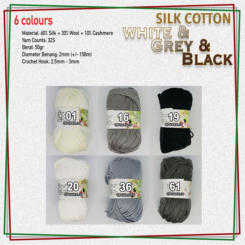 BENANG RAJUT KATUN SUTRA IMPOR / SILK COTTON - PUTIH ABU HITAM
