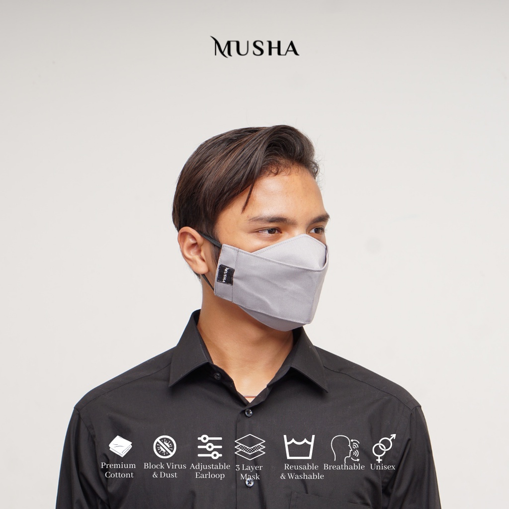 MUSHA 3D Mask - Grey | Masker Kain 4Ply Earloop