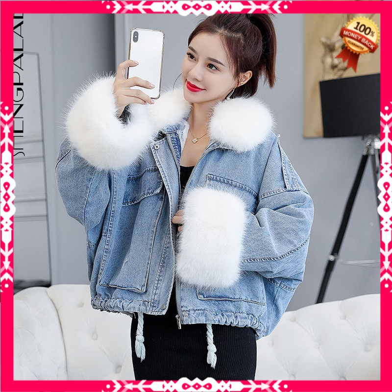 Jaket Denim Wanita Korea SHENGPALAE Parka Denim Jacket Women's Winter  New Fur Collar Big Pocket Lon