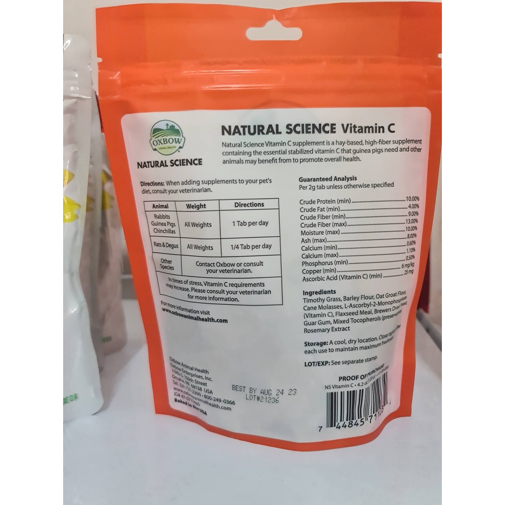 Satu Butir Oxbow Vitamin C 120gr Oxbow Natural Science Vitamin C 120gr Untuk Kelinci , Guinea Pig Hamster Reptil