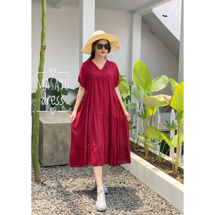 Dress Masayu - Dress Wanita Jumbo Rayon Premium Baju Wanita Polos Lengan Pendek Pakaian Casual Kekinian LD 115 cm