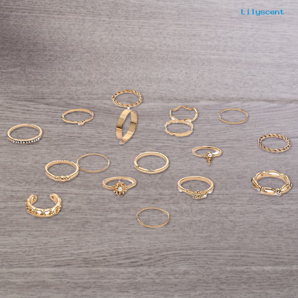 17pcs Cincin Knuckle Hias Mutiara Berlian Imitasi Gaya Vintage Untuk Wanita