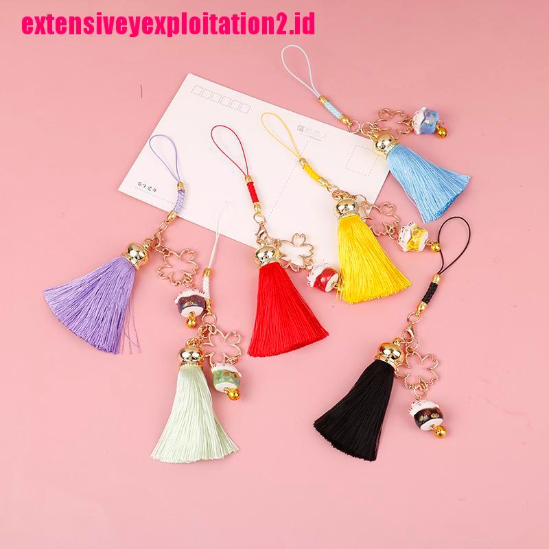 &lt; E2id &amp; &gt; Tali Lanyard Motif Bunga / Cherry / Kucing Aksen Rumbai Untuk Handphone