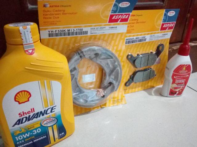 Paket kampas rem Front &amp; Rear Aspira +Shell Ax5 matic SAE 10-30W+oli gardan for Mio smile/Mio J/Lexi