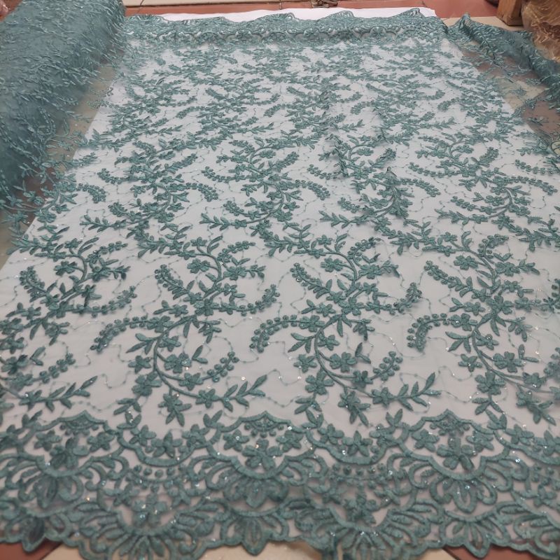 kain tile bordir matif daun kembang full payet