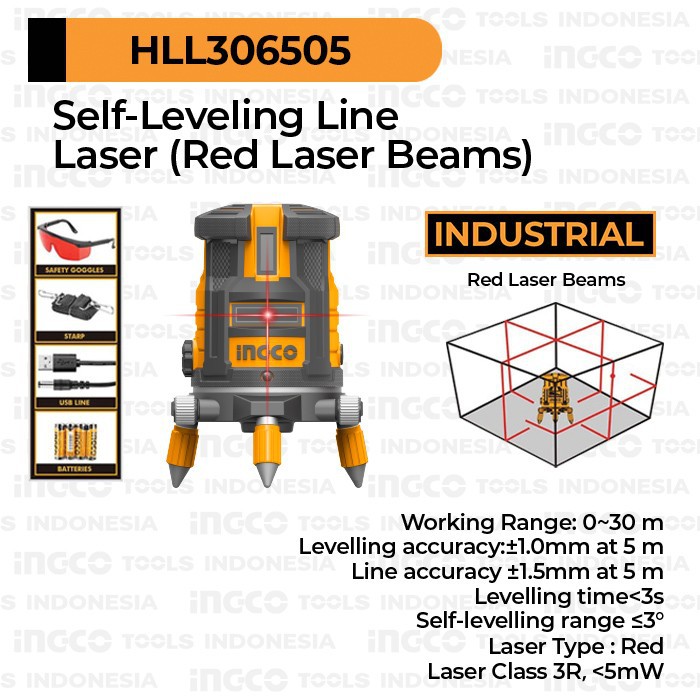 Laser Level 5 Lines Merah Set INGCO HLL306505 Cross Waterpass Meteran