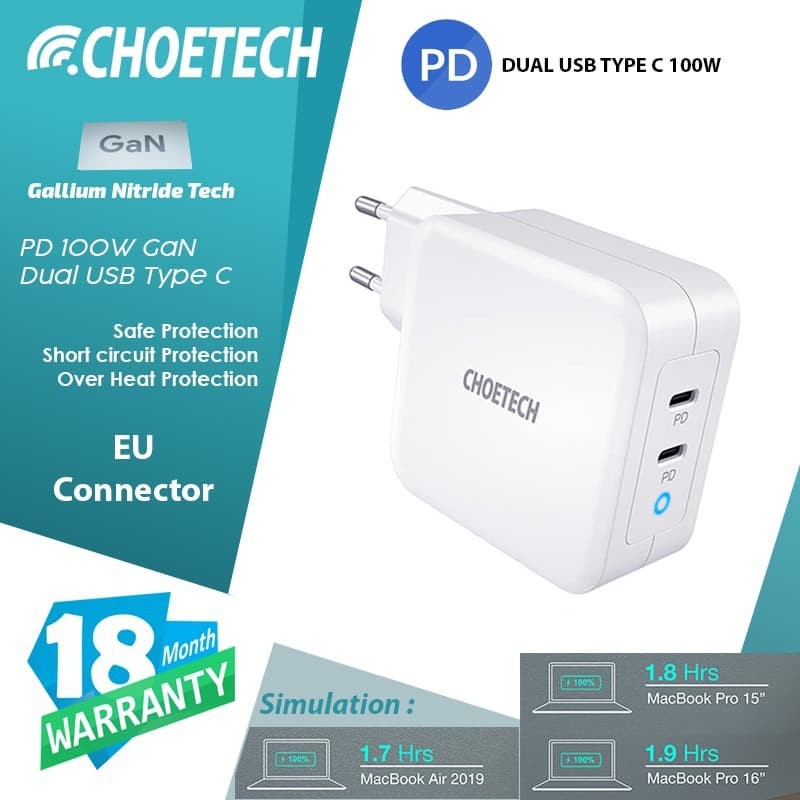 wall charger choetech pd6008 2 port type-c Pd 100w 2.25a-5a fast charging GaN - Travel charger