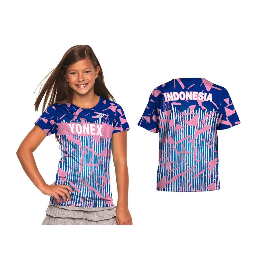 Jersey Badminton Anak Cewe Full Printing Free Custom Nama + Nomor - Baju Kaos Jersey Badminton Anak 