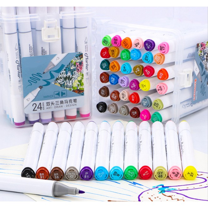 Set Spidol Warna DOUBLE SIDE Isi 12/18/24/36 PREMIUM BOX / Set Spidol Dobel Highlighter Stabilo / Spidol Art Pen / Spidol Kesenian