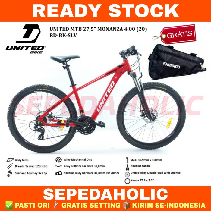 Sepeda Gunung 27.5 Inch MTB UNITED MONANZA 4.00 Alloy 3x7 Speed Disc - BR GD SLV