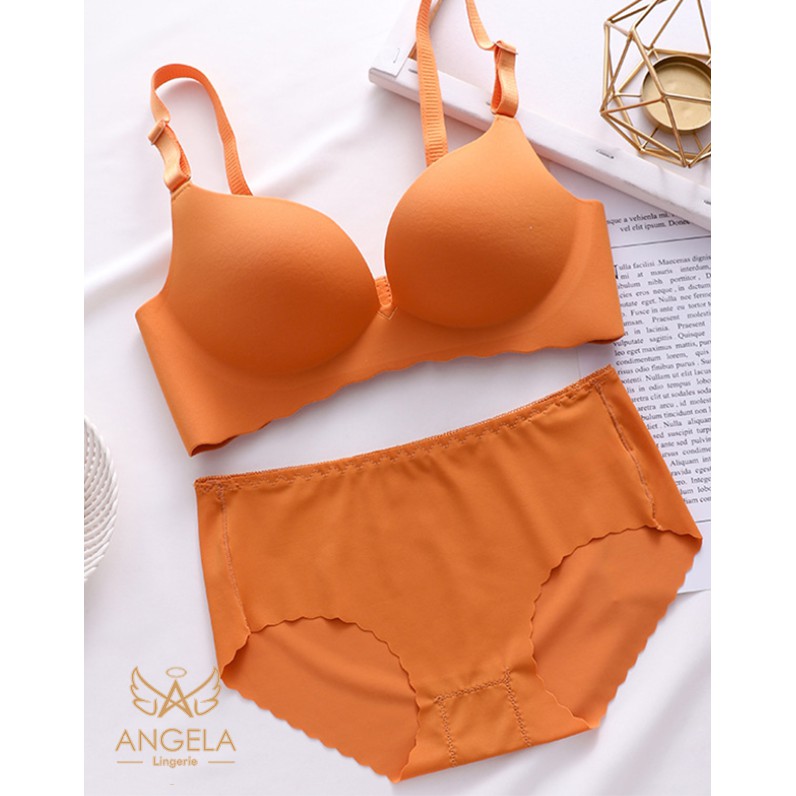 [ COD ] ANGELA Premium JAPAN Quality Seamless Sport Push Up Bra Set Celana Dalam Wanita Tanpa Kawat-Orange