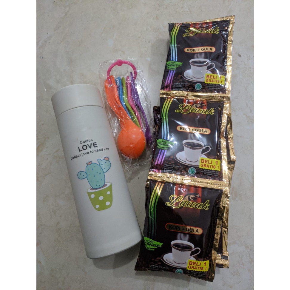 PAKET HEMAT Botol Kaca  + Sendok teh 6pcs + Kopi luwak 10sachet