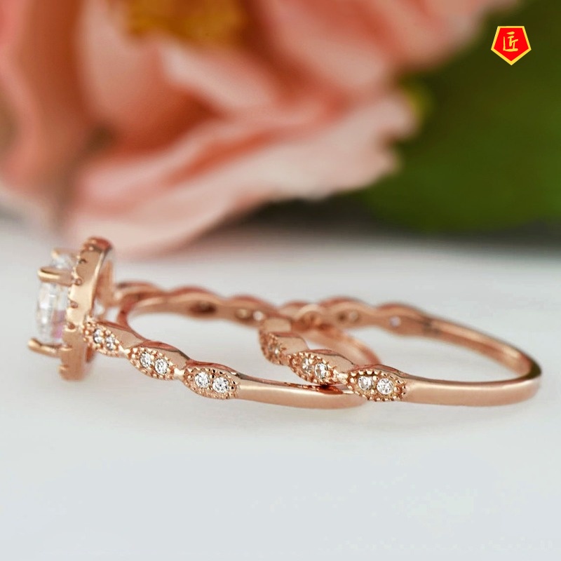 [Ready Stock]Fashion Simple 18K Rose Gold Single Diamond Double Layer Ring Set