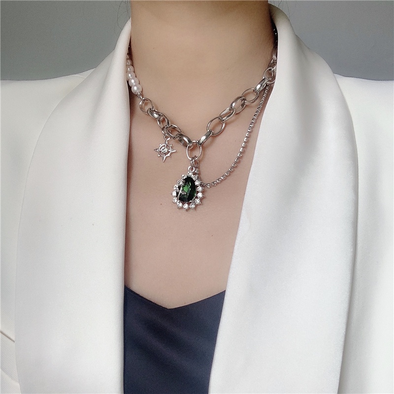 Green Rhinestone Stitching Pearl Necklace Accessories Trendy Personality Clavicle Chain