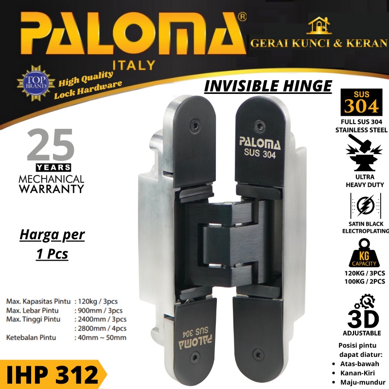 PALOMA IHP 312 INVISIBLE HINGE ENGSEL TANAM P100 HITAM SATIN BLACK