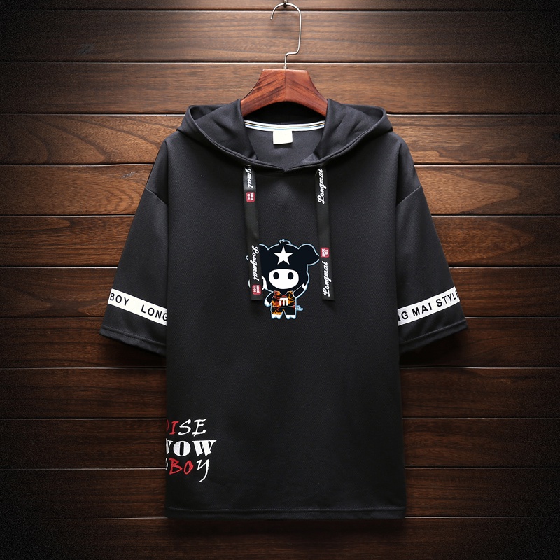 Kaos Hoodie Lengan Pendek Aneka Warna Motif Bordir Kartun dan Tulisan untuk Pria TX648