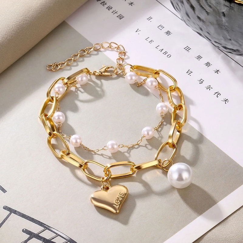 Gelang Mutiara Double Layer Bentuk Hati Gaya Korea Bohemian Untuk Wanita