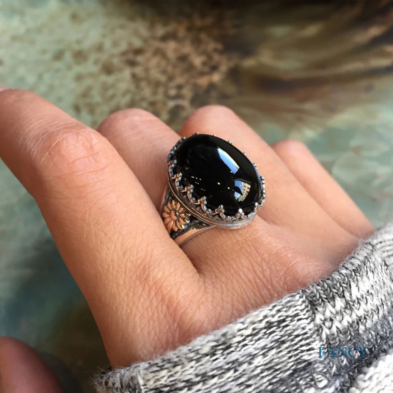 Cincin Sterling Silver 925 Lapis Emas 18K Desain Bunga Hias Batu Permata Hitam Untuk Pria