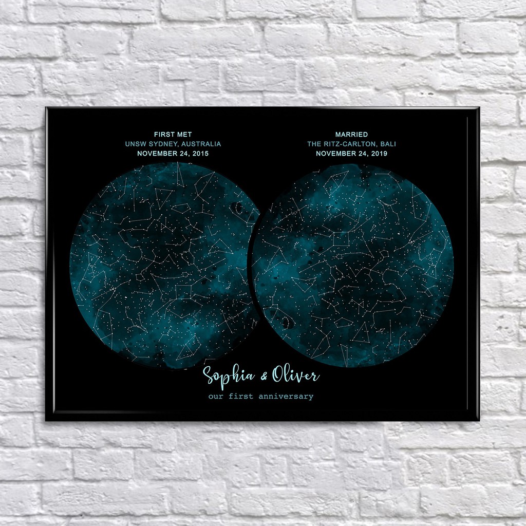

WATERCOLOR BLUE ON BLACK DOUBLE custom constellation star map personalized framed poster decoration