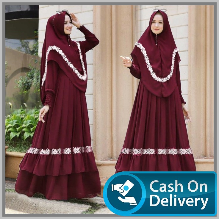 Gamis Brukat Tile Dot Dewasa Gaun Pesta Fashion Wanita Dres Terba CY168 Embun Syari Maroon [Gamis