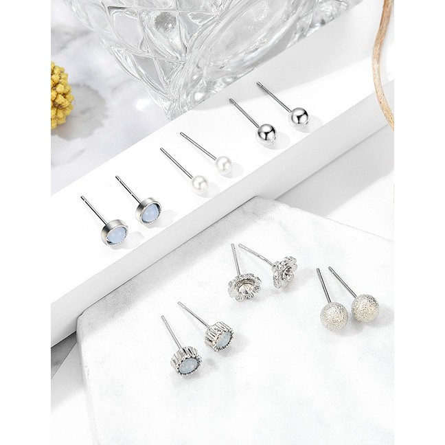 LRC Anting Set Fashion Silver Geometrical Petal-studded Pearl Stud Earrings 6 Pairs F29797