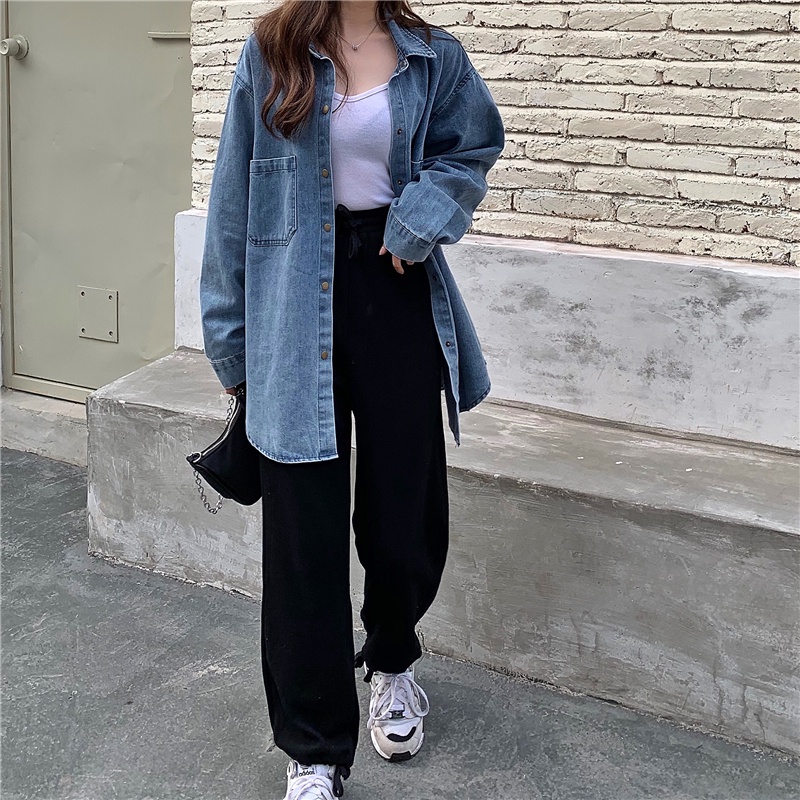 Kemeja Denim Wanita Shirt Lengan Panjang Korean Style Oversize Atasan Jaket