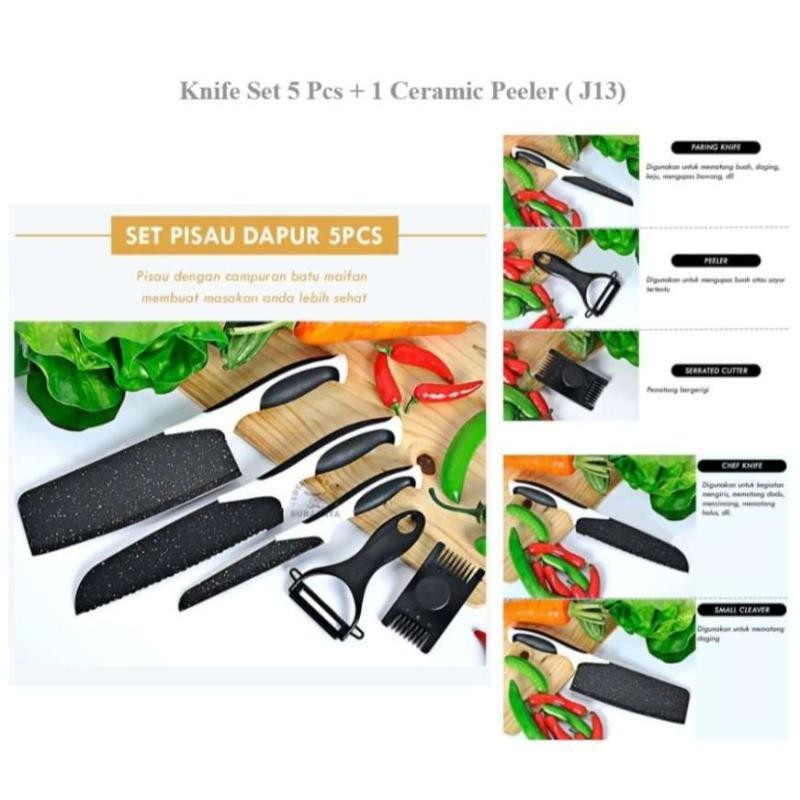 Pisau Keramik Set J13 Knife Set Pisau Dapur Hitam Batu Maifan 5 Pcs + 1 Pcs Parutan Ceramic Peeler