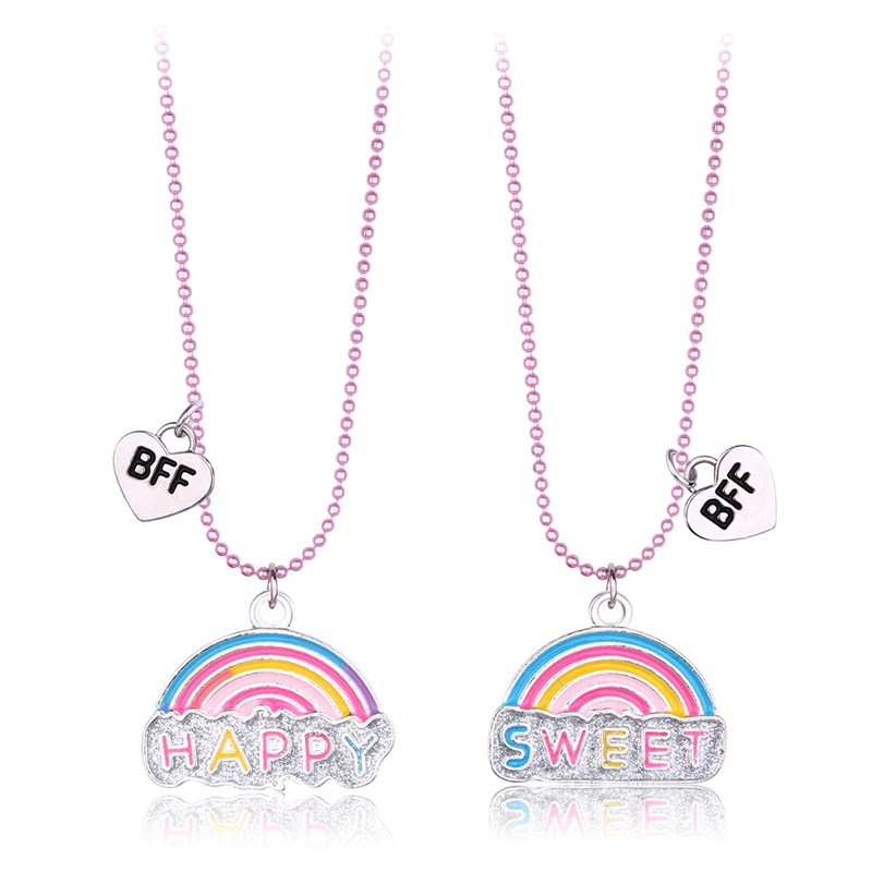 2pcs / Set Kalung Rantai Liontin Tulisan Happy Best Friends Warna Pelangi Untuk Anak Perempuan