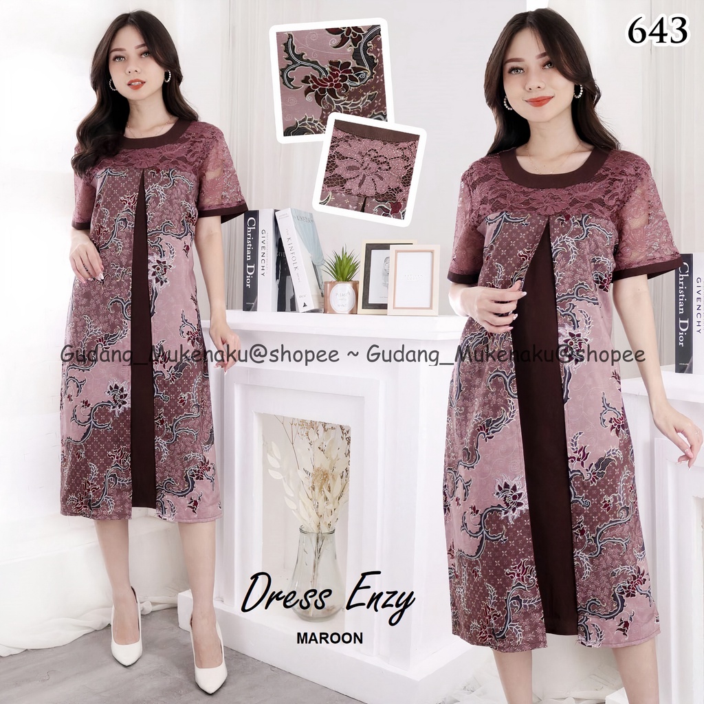 Gudang_Mukenaku Dress Enzy Bahan Katun Batik Kombinasi Brukat Pakaian Fashion Wanita Dewasa Terbaru Premium COD bisa bayar di tujuan