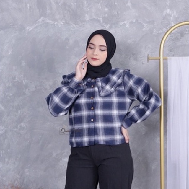 KEMEJA FLANEL CROP TARTAN IMPORT WANITA OVERSIZE BIANCA COLLAR YOSSA KIMBERLY KIKY