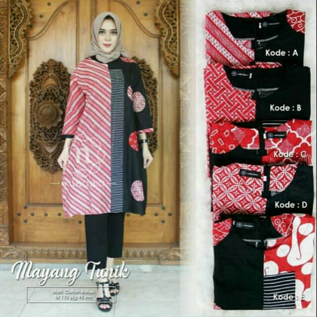 TUNIK NADINE WAYANG TUNIK BATIK SHIBORI HITAM MERAH SELING COIN KOMBINASI LONGBLOUSE DRESS PANJANG