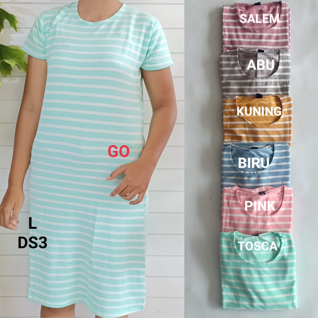 gof DS LMN DRESS/DASTER Wanita Casual Motif Garis Salur Pakaian Perempuan Lengan Pendek