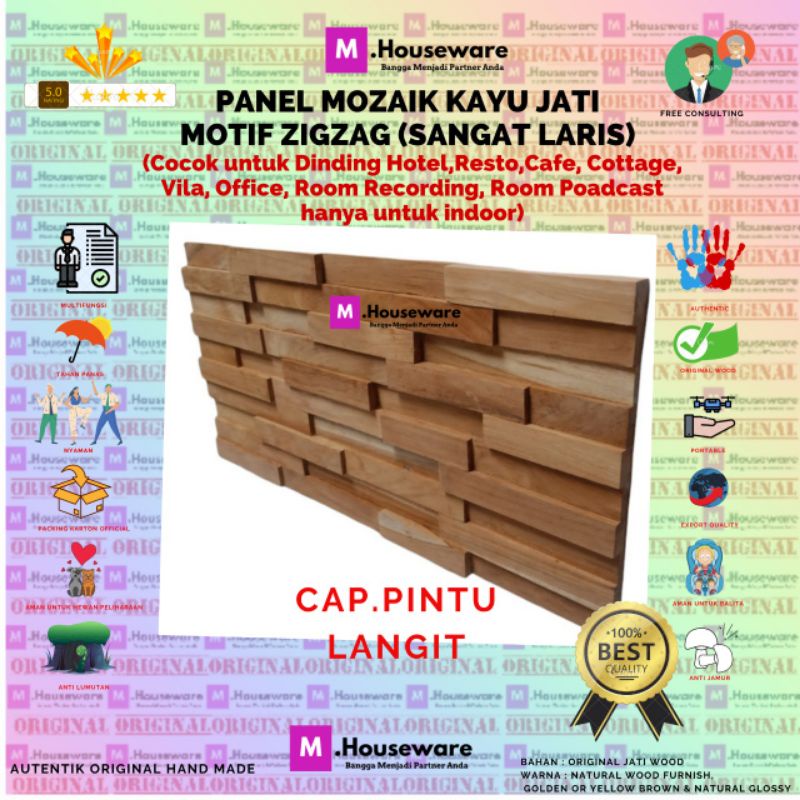 Panel Dinding KAYU JATI Premium Motif Mozaik 3D / Wood Panel UK 50x25cm