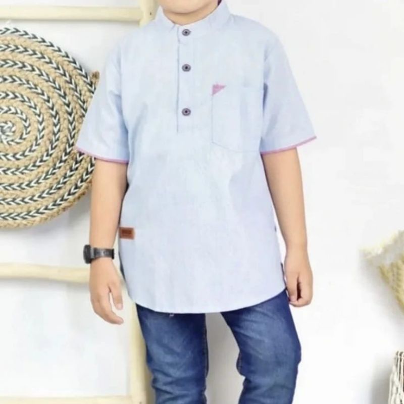 Baju Koko Anak Laki Laki IBROHIM Bahan Cotton Oxford Atasan Anak Muslim Lengan Pendek Kerah Shanghai Diskon Murah Berkualitas