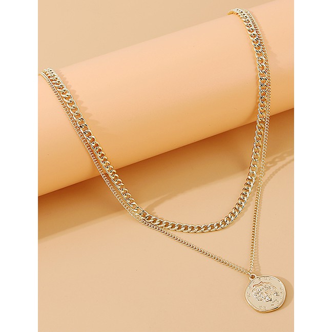 LRC Kalung Fashion Golden Roman Head Alloy Double Necklace y64436