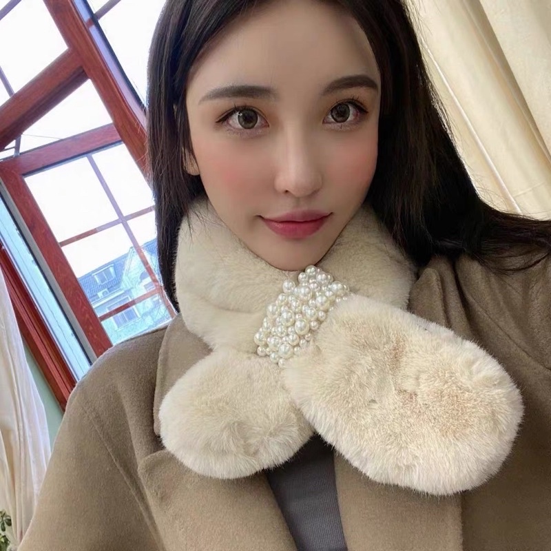 Fur scarf pearl syal bulu import hangat aksesoris mutiara korean style winter faux