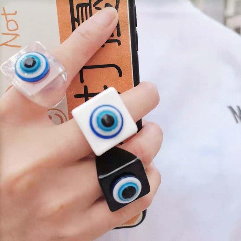 Agustinina Cincin Mata Biru Punk Pria Hip Pop Putih Kaca Biru Fashion Perhiasan Hitam Akrilik Resin Ring