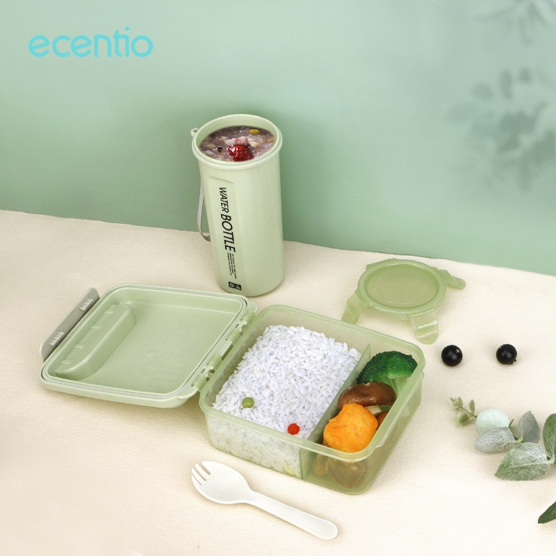 ecentio tempat makan anak/lunch box set anti tumpah/kotak makan portable/dan botol minum anti-bocor warna cerah hijau-biru