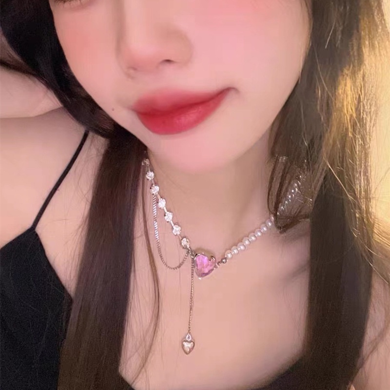 Kalung Wanita Dengan Liontin Kristal Mutiara Bentuk Hati Warna Pink Untuk Pesta Pernikahan