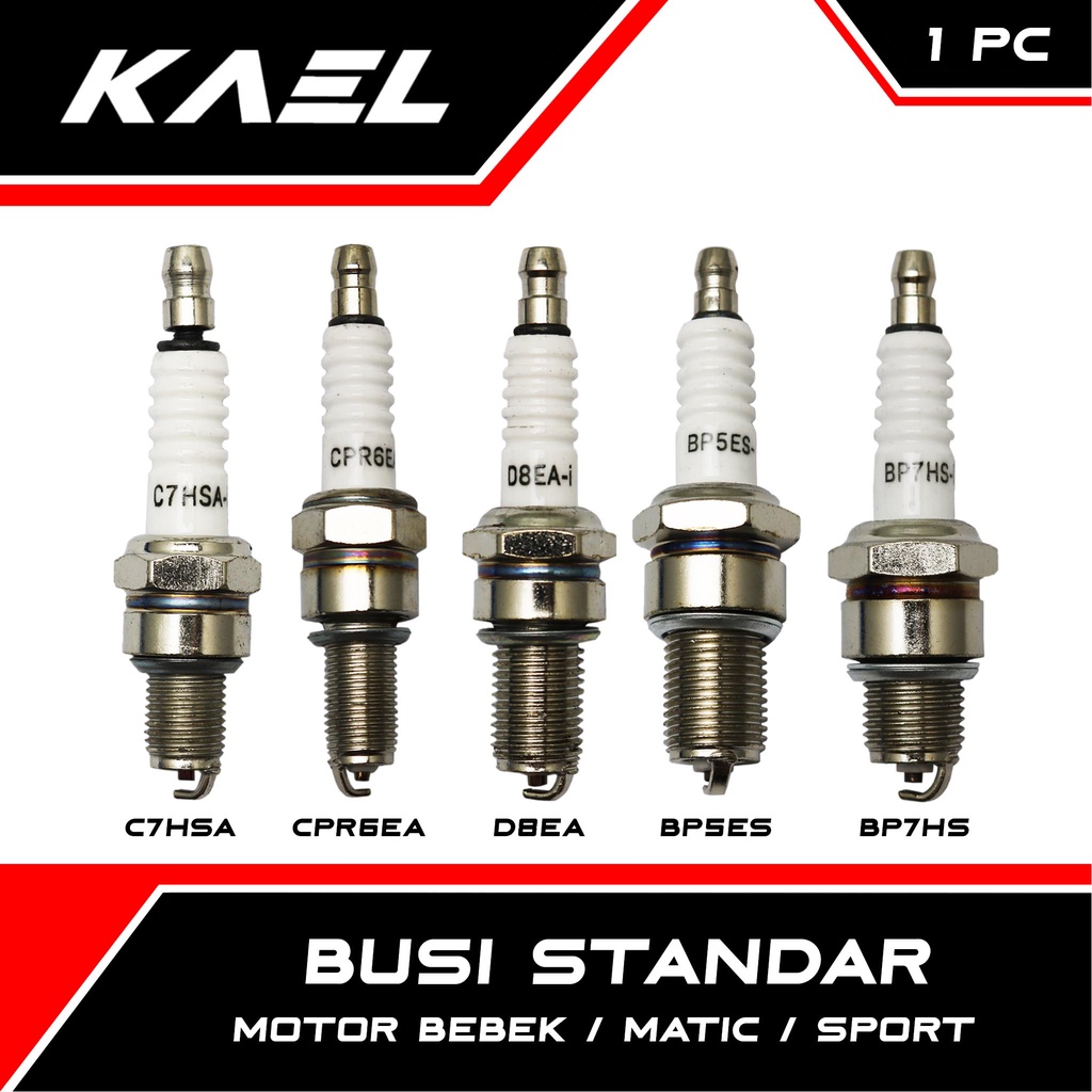 Busi Standar C7HSA-CPR6EA-D8EA-BP5ES-BP7HS Beat/Vario 110-125-150 Old-New LED/Mio Soul-Sporty-M3-Z-S-Smile/RX King/Grand/GL/Vixion/Scorpio/Soul GT/X-Ride/Scoopy/Spacy/Supra-X-125-Fit/Blade/Revo-Absolute/Jupiter-Z-MX/Vega-ZR-R/F1ZR-Force 1/Satria-FU