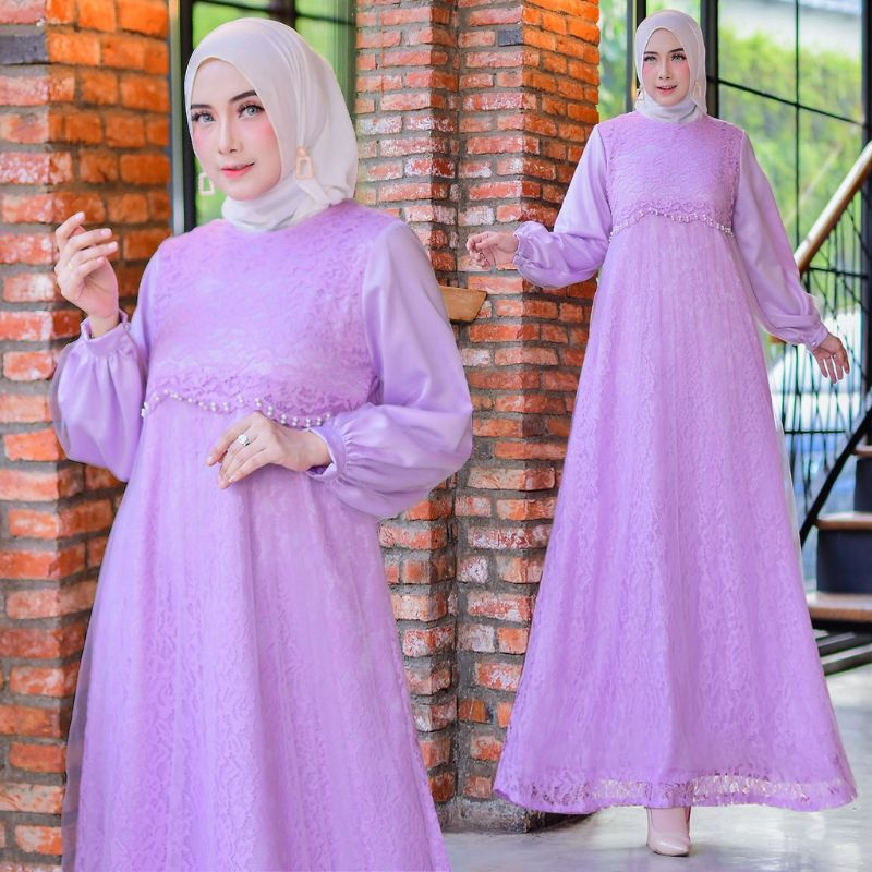 BAJU GAMIS DRESS BROKAT BRUKAT PESTA UMROH KONDANGAN NIKAHAN BRIDESMAID WANITA MUSLIM REMAJA DEWASA IMPORT S M L XL XXL JUMBO GOOD QUALITY RENDA MUTIARA POLOS QUENZA WARNA UNGU LILAC