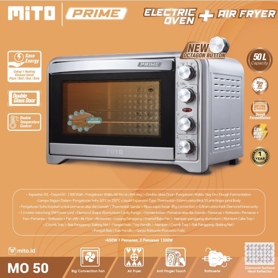 MITO MO 50 Prime 2 in 1 Oven Listrik dan Air Fryer Jumbo 50 Liter