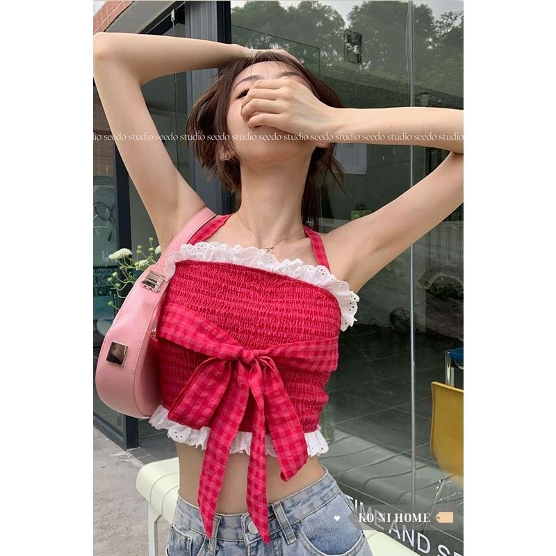 Red wanita kamisol wanita desain manis halter neck bow short top summer new hot girl inner bottoming shirt